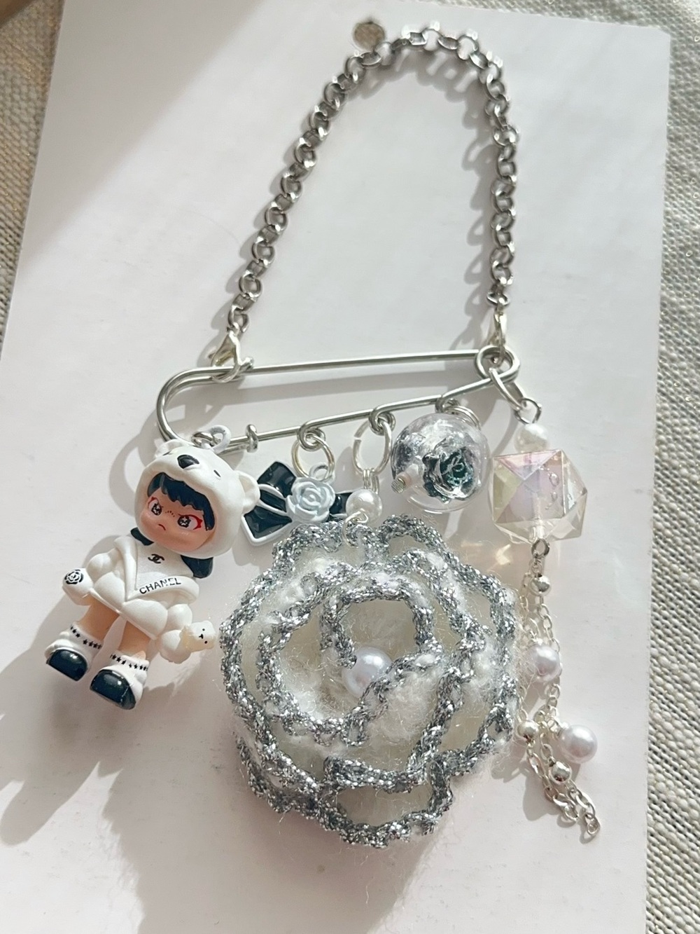 Handmade White and Silver Bag Charm Pin with character and camellia
